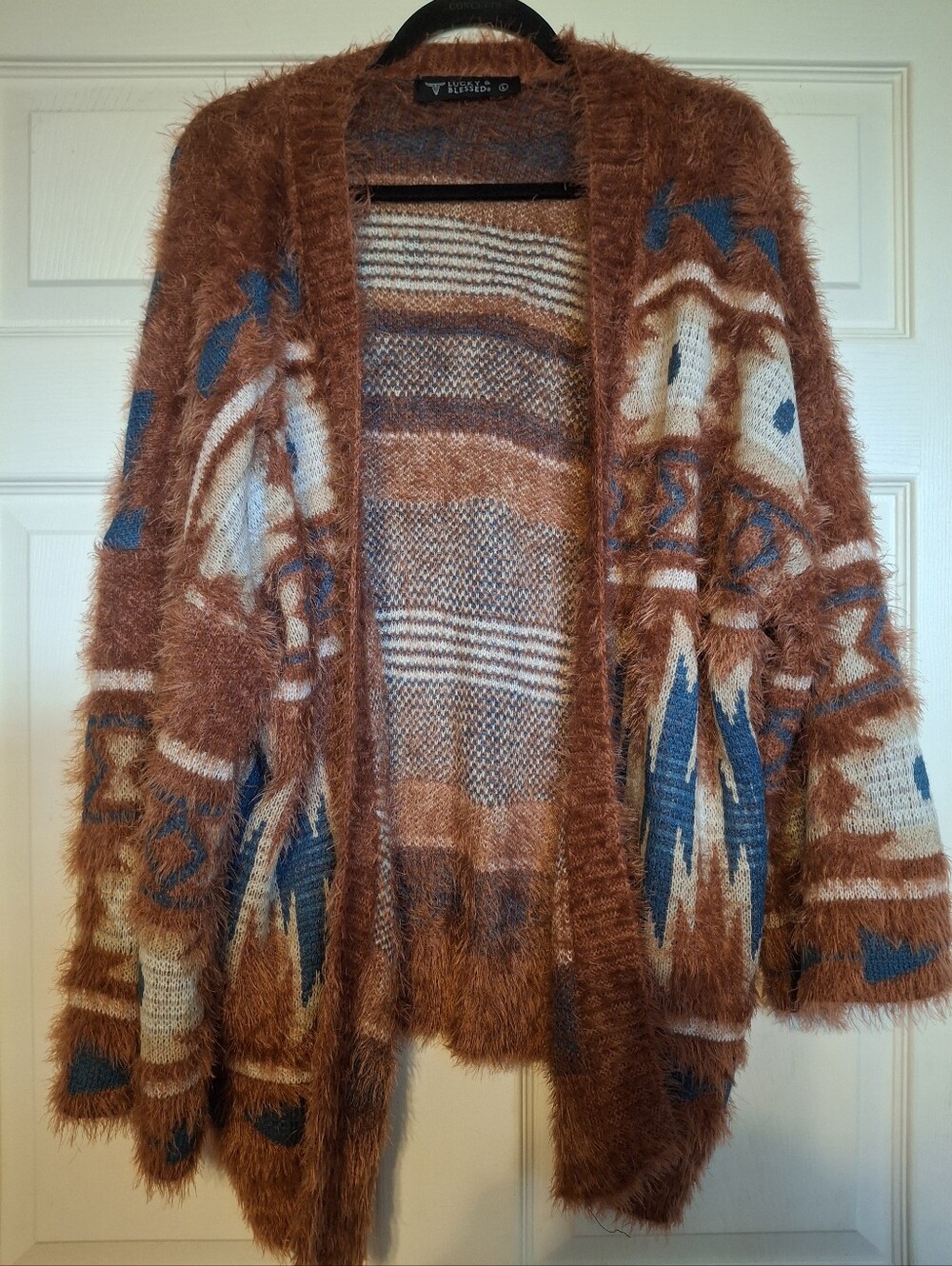 LUCKY & BLESSED Fuzzy Open-Front Cardigan - Rust Blue Aztec